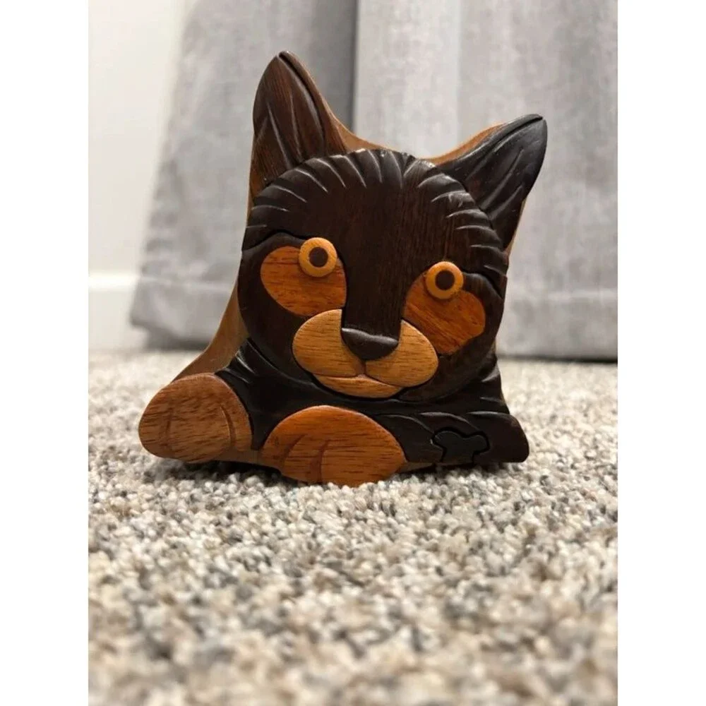 Cute Handmade Wood Cat Puzzle Trinket Storage Box